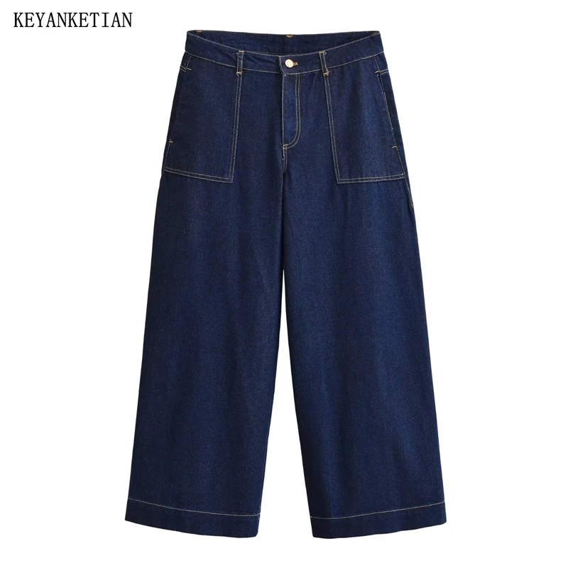 

KEYANKETIAN 2026 New Women's Dark Blue Wide Leg Jeans, High Waist Topstitching Detail Loose Cropped Denim Pants Pockets Trousers