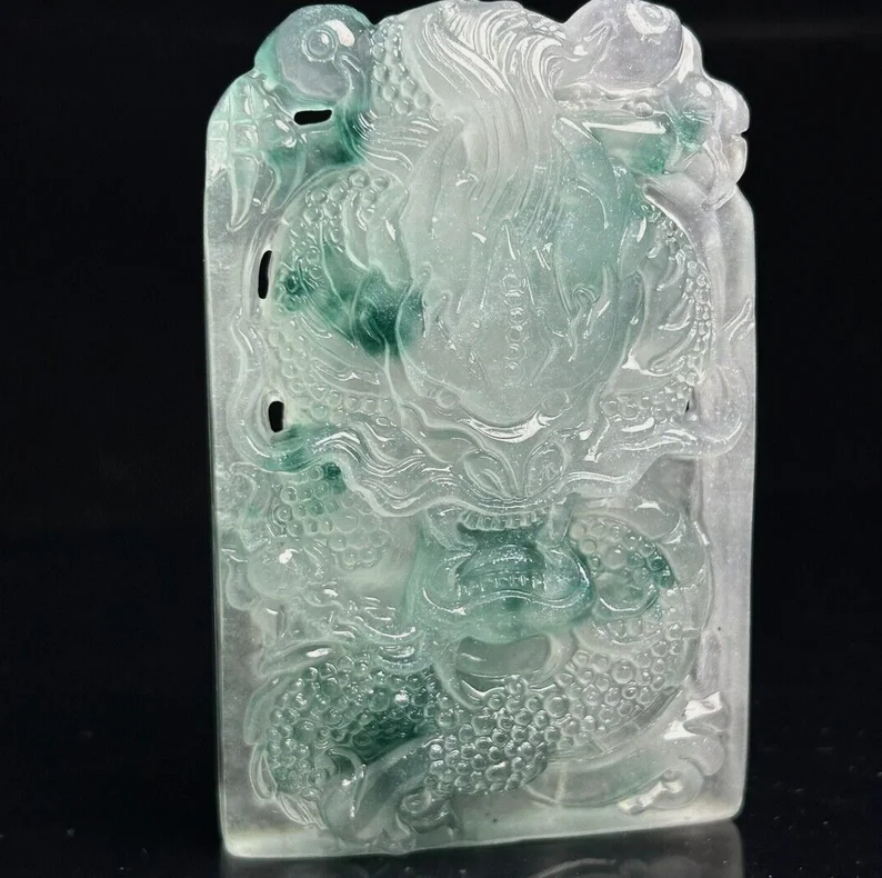 Certified Natural ice green&white Jade Jadeite Carved Dragon Pendant&Necklaces imperial tablet to which students and officials