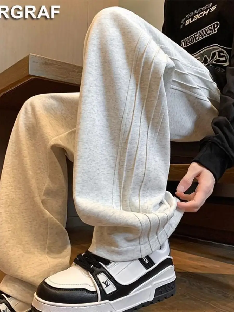 

Loose Spor Men's Straight Leg Fce Lined Wide Leg Pants Drapey Casual Long Trousers Clean Fit Sle Winter Faion