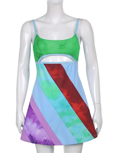 Imagen 2 del producto Y2K-vestido acampanado con tirantes para mujer, vestido corto ajustado sin mangas con contraste de Color y cuello en U, vestido veraniego Harajuku 2022