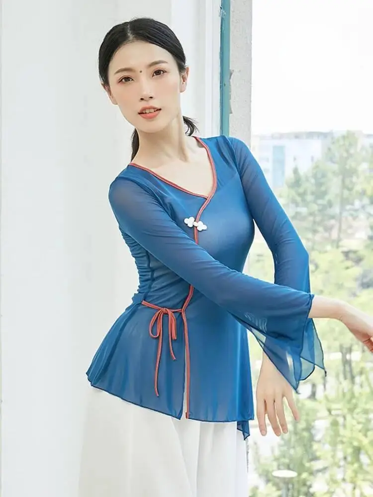 Top da ballo in rete patchwork con scollo a V per donna con maniche a campana Completo da performance classico Costume leggero e aderente per il palco