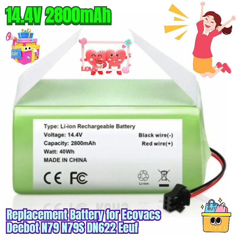 

14.4V 2800mAh Replacement Battery for Ecovacs Deebot N79 N79S DN622 Eeuf