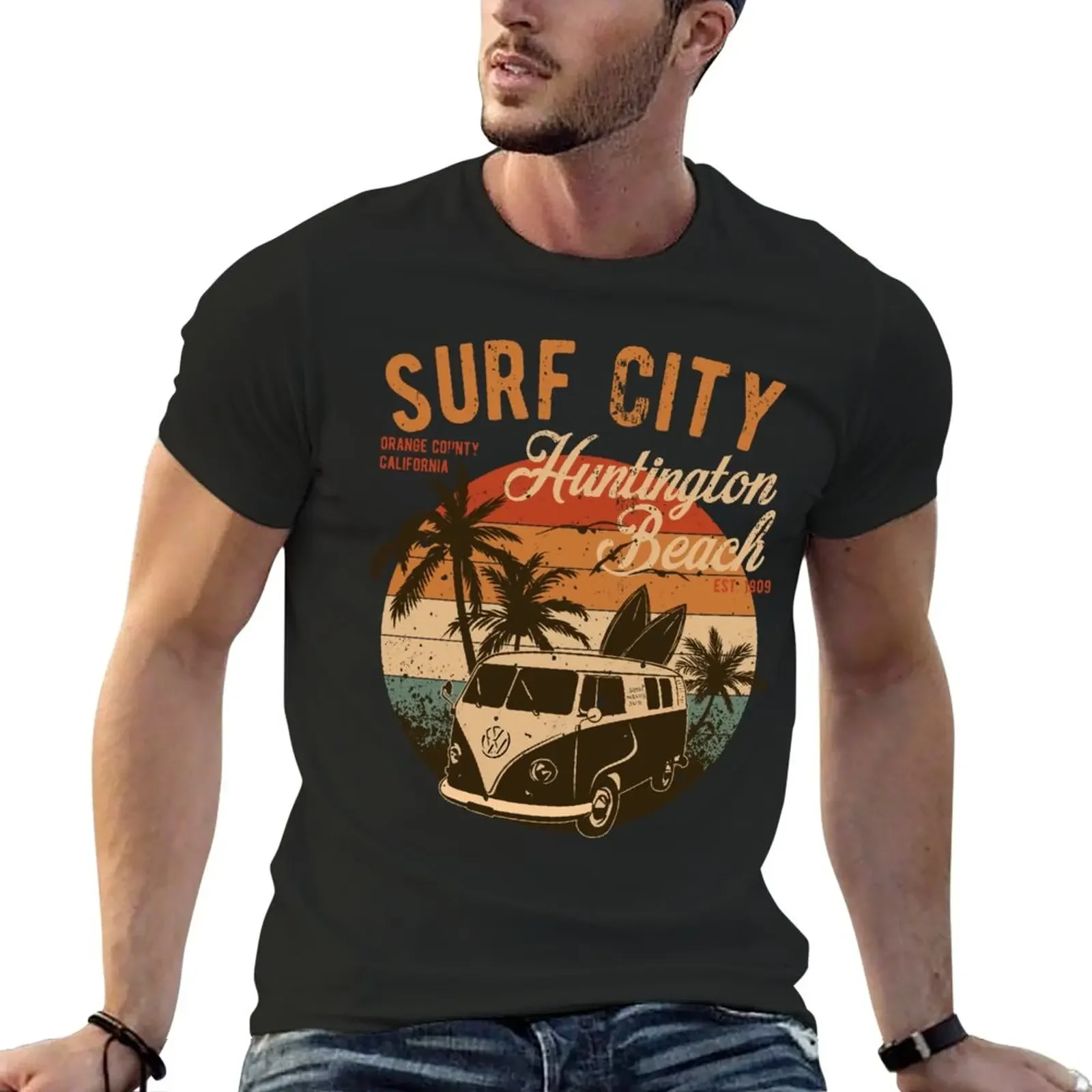 

Vintage Surf City Huntington Beach Orange County California 2 Sided Distressed Surf Badge T-Shirt anime mens tall t shirts