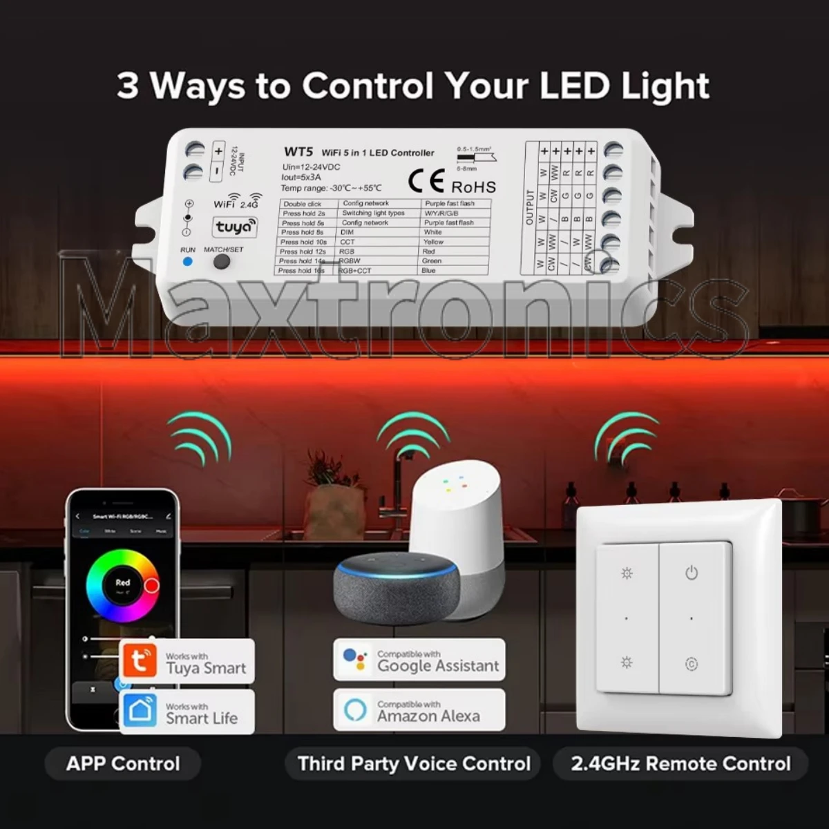WT5 WiFi RF 5 in1 LED Controller TUYA Smart Dimmer DC12-24V 4-Button 86 Panel RF Remote for Single Color CCT RGB RGBW RGBCCT LED