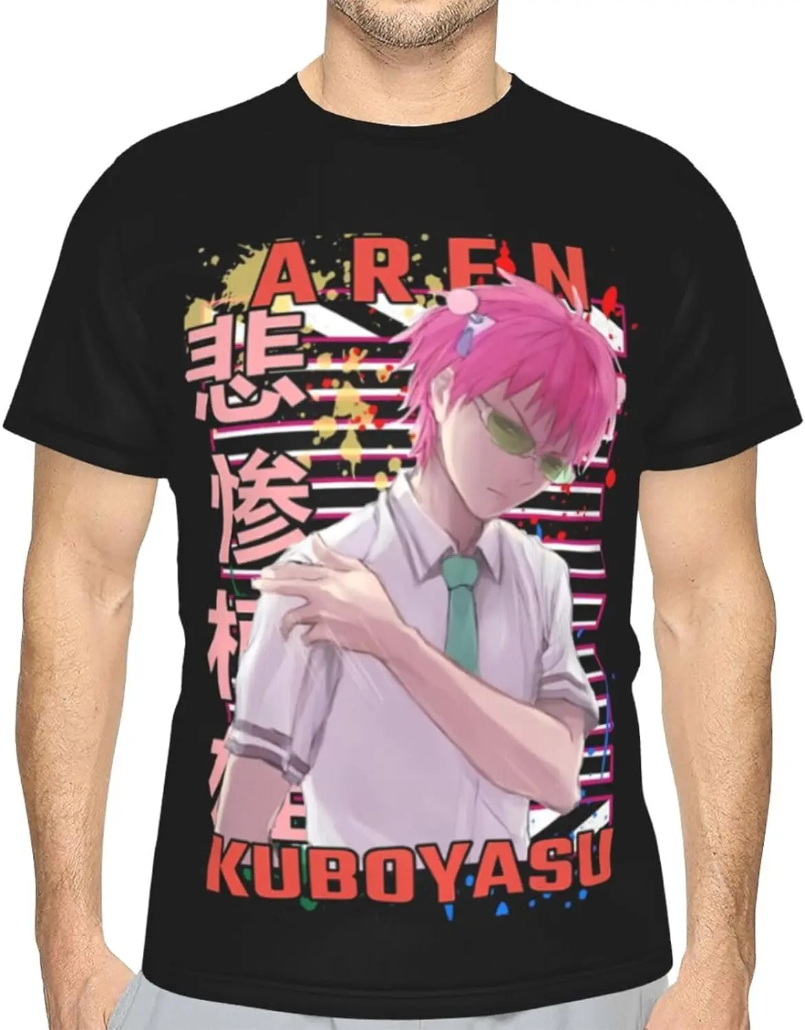 Saiki Anime Kusuo Shirt Men's Polyester Crew Neck Short Sleeve T-Shirt Double Sided Full Print Sweatshirt Tops Black