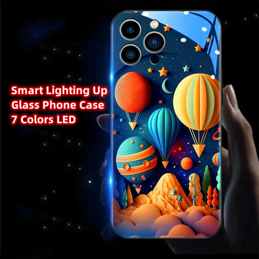 Hot Air Balloon Smart LED Light Glow Tempered Glass Phone Case For Samsung S24 S23 S22 S21 S20 FE Note 10 20 Plus Ultra A54 A14