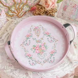 European Exquisite Pink Tray Vintage  Leather Storage Tray Home Decoration Round Cake Plate Photo Props  House decoration