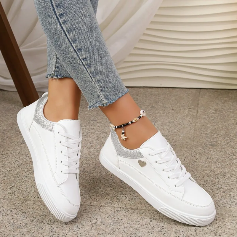 Women's White Glitter Heart Sneakers - Lace-Up Low Top Casual Walking Shoes with Silver Trim for Daily Wear view 4
