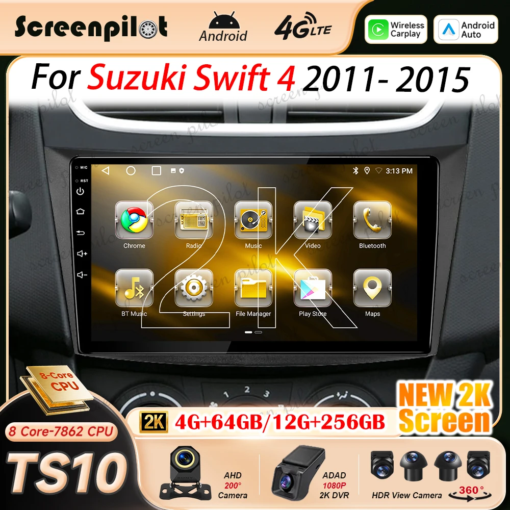 Android 16 Car Radio Stereo For Suzuki Swift 4 2011 2012 2013 - 2015 2K QLED Multimidia Player GPS Carplay Android Auto 8 Core
