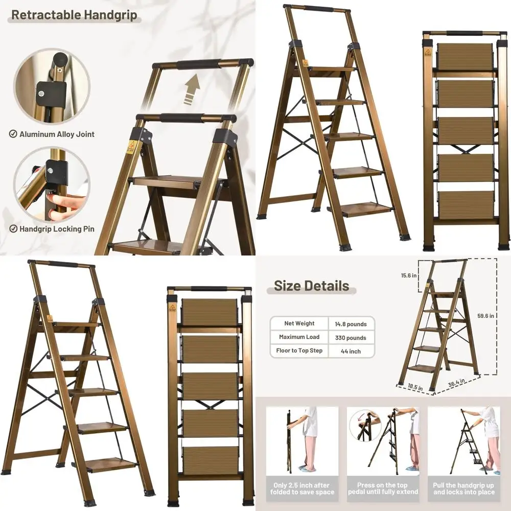Escalera de aluminio de 5 escalones con diseño plegable, pasamanos retráctil, peldaños antideslizantes y capacidad de 330 libras
