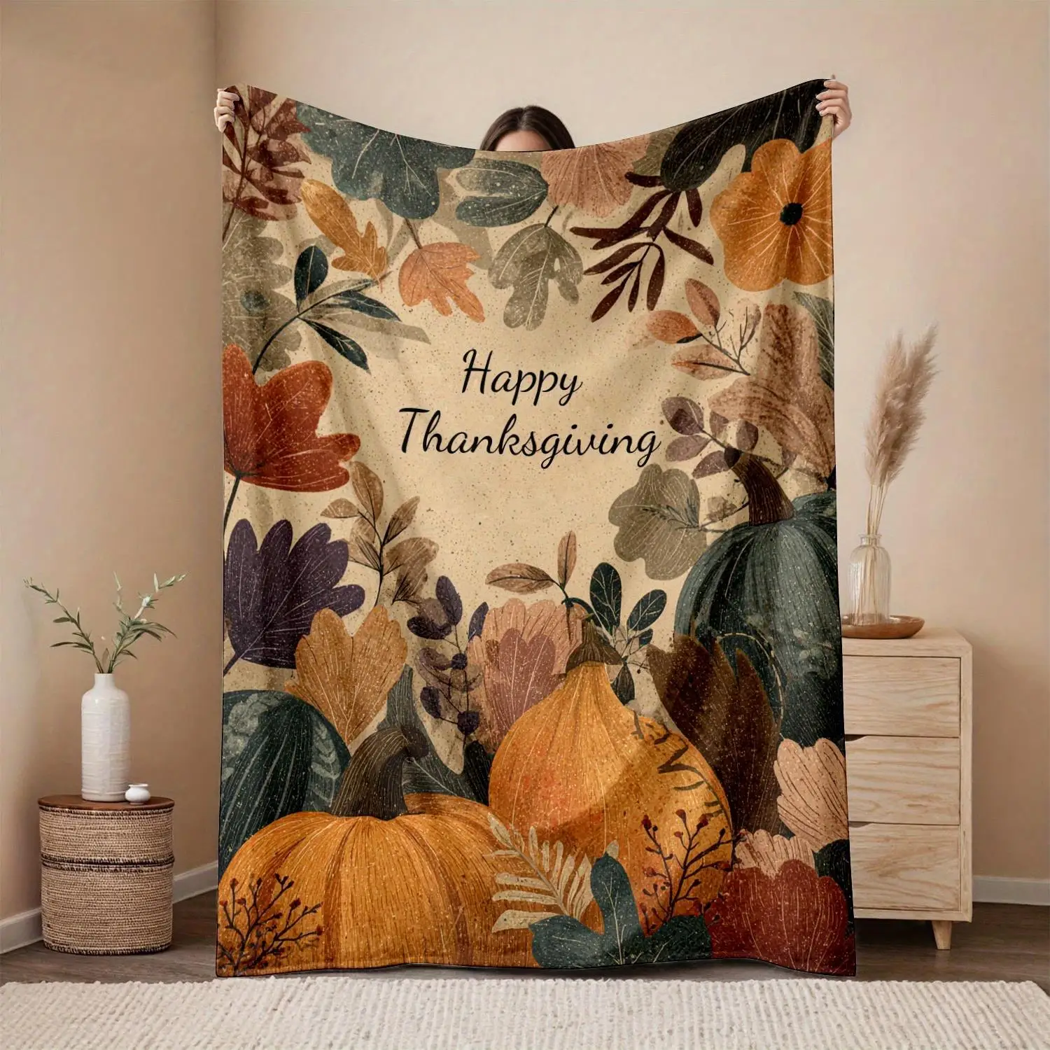 Autumn Harvest Pumpkin Patterned Flannel Blanket Thanksgiving Bedroom Decoration and Accessories Aesthetic Room Decor