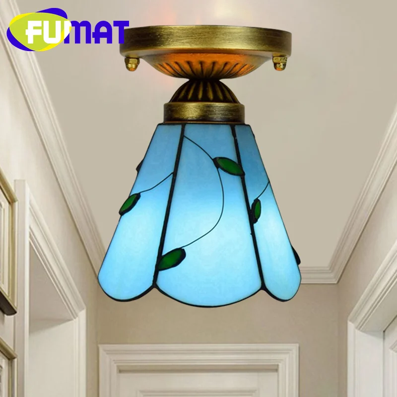 

FUMAT Tiffany style stained glass Mediterranean 6 inch Green Leaves ceiling light for bedroom hallway hallway balcony LED decor