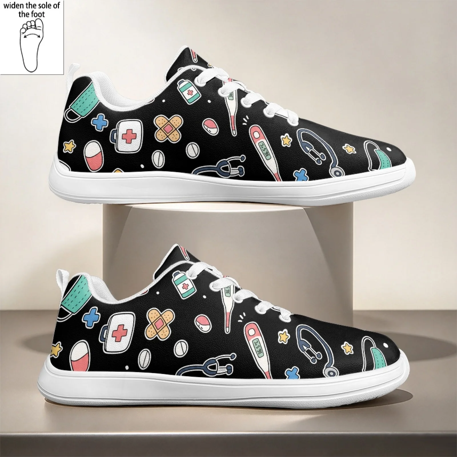 PENSTROLL PU Casual Nurse Shoes Lace-Up Walking Flats for Women Leisure Medical Element Print