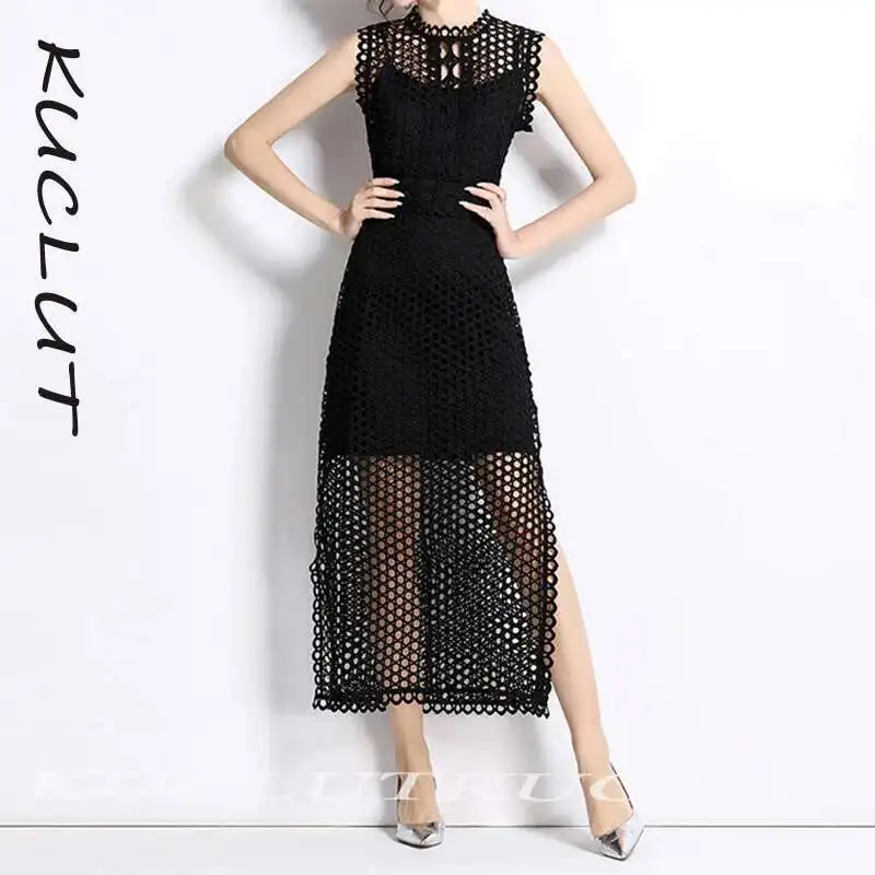 

KUCLUT 2025 Fashion New Items Simple Women's Dress Evening Party Elegant Hollow Out O-neck Split Sleeveless Dresses Female K422