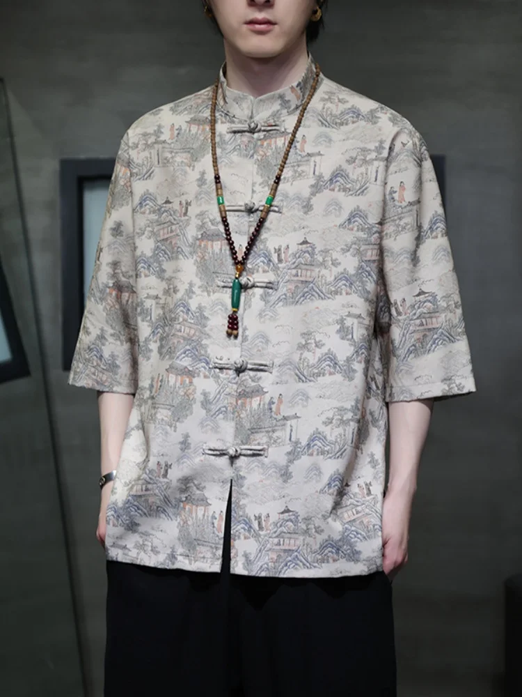 

Мужская рубашка с принтом «Цинмин и Хэ Ту», летняя, новая, в китайском стиле, ретро, на пуговицах, в стиле Тан, свободного кроя, молодежная