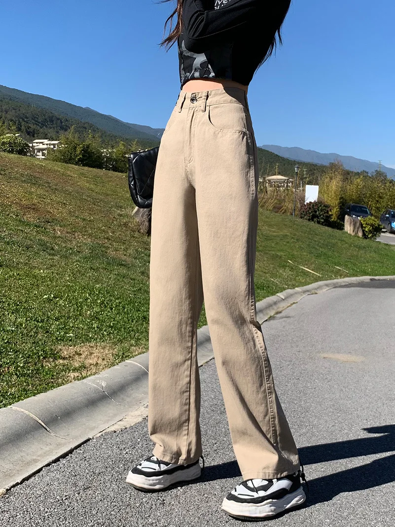 

Khaki Color Women's plus Size Jeans High Waist Straight Leg Floor Length Spring Autumn Long Trousers Casual Vintage Style