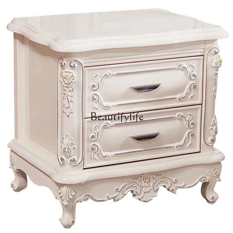 

European bedside table European solid wood carving flower double pumping storage cabinet