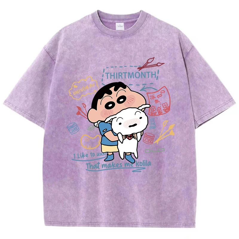 Crayon Shin-Chan Holding Onto Xiaobai Girl Tshirt Summer American Retro Cotton T Shirt Design Soft T Shirts Short Sleeved image 2