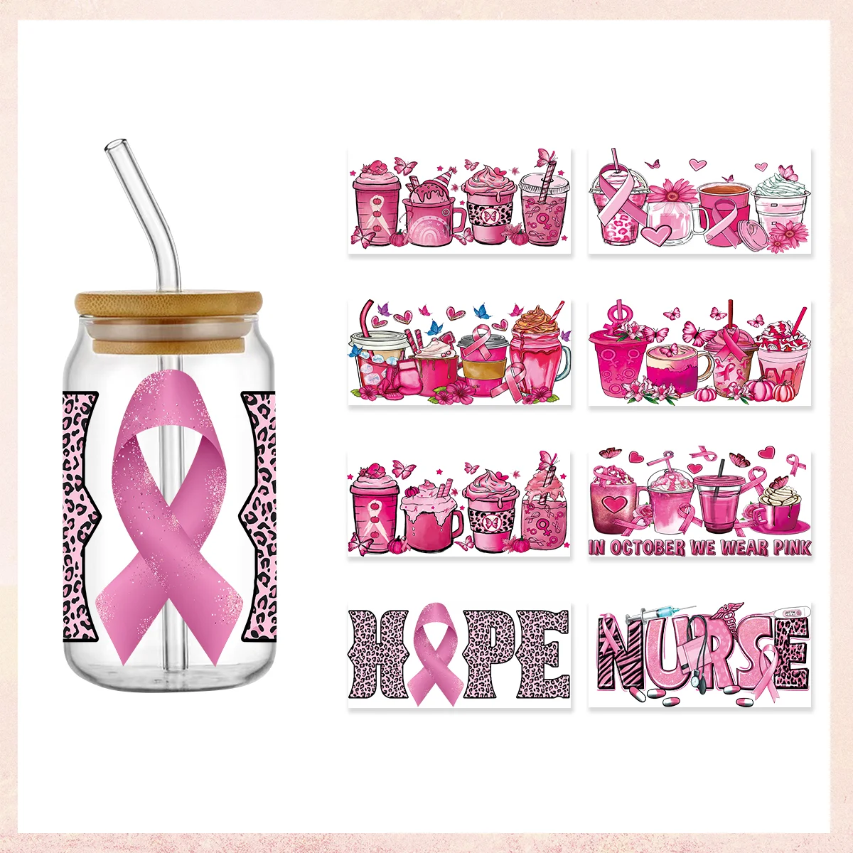 

Breast Cancer Ribbon 16oz Libbey Glass Can Tumbler Wrap PNG File Pink Ribbon Breast Cancer Month Survivor Affirmations