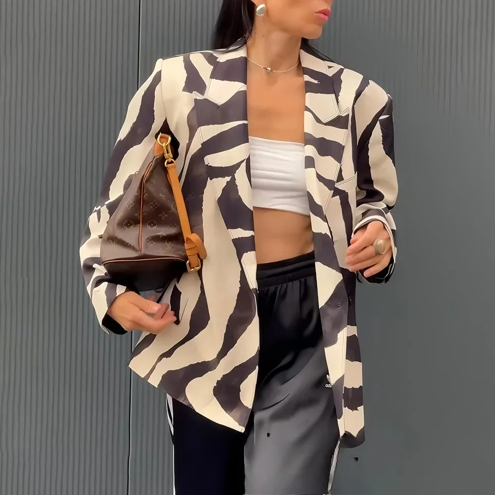 KONDALA خمر زيبرا طباعة النساء الدعاوى الخامس الرقبة المتضخم سترة طويلة عالية الخصر بنطال ذو قصة أرجل واسعة موضة خريف 2025 الشارع الشهير البدلة #2