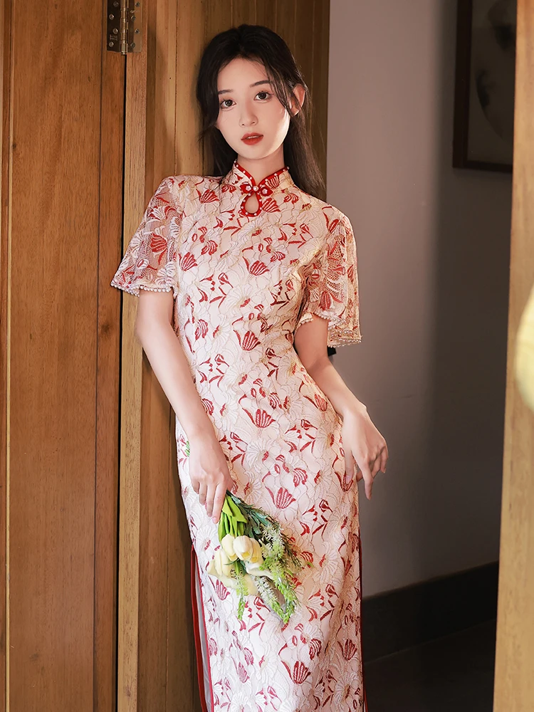 Cheongsam Women Chinese Style Dress Elegant Lace Flower Qipao Vintage Mandarin Collar Vestidos Improved Banquet Dress Gown