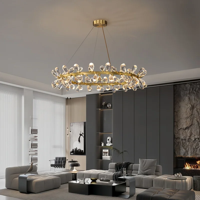 Nordic Crystal Copper Pendant Light Luxury Round Chandelier for Living Room Dining Room Halls Villa Bedroom Led Hanging Lamp