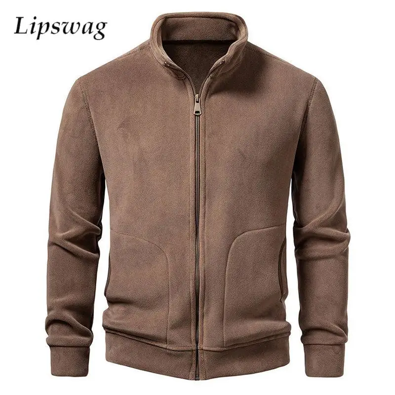 

Осенне-зимние теплые флисовые куртки, мужские вязаные однотонные облегающие верхняя одежда, мужские стильные кардиганы на молнии с воротником-стойкой, топы