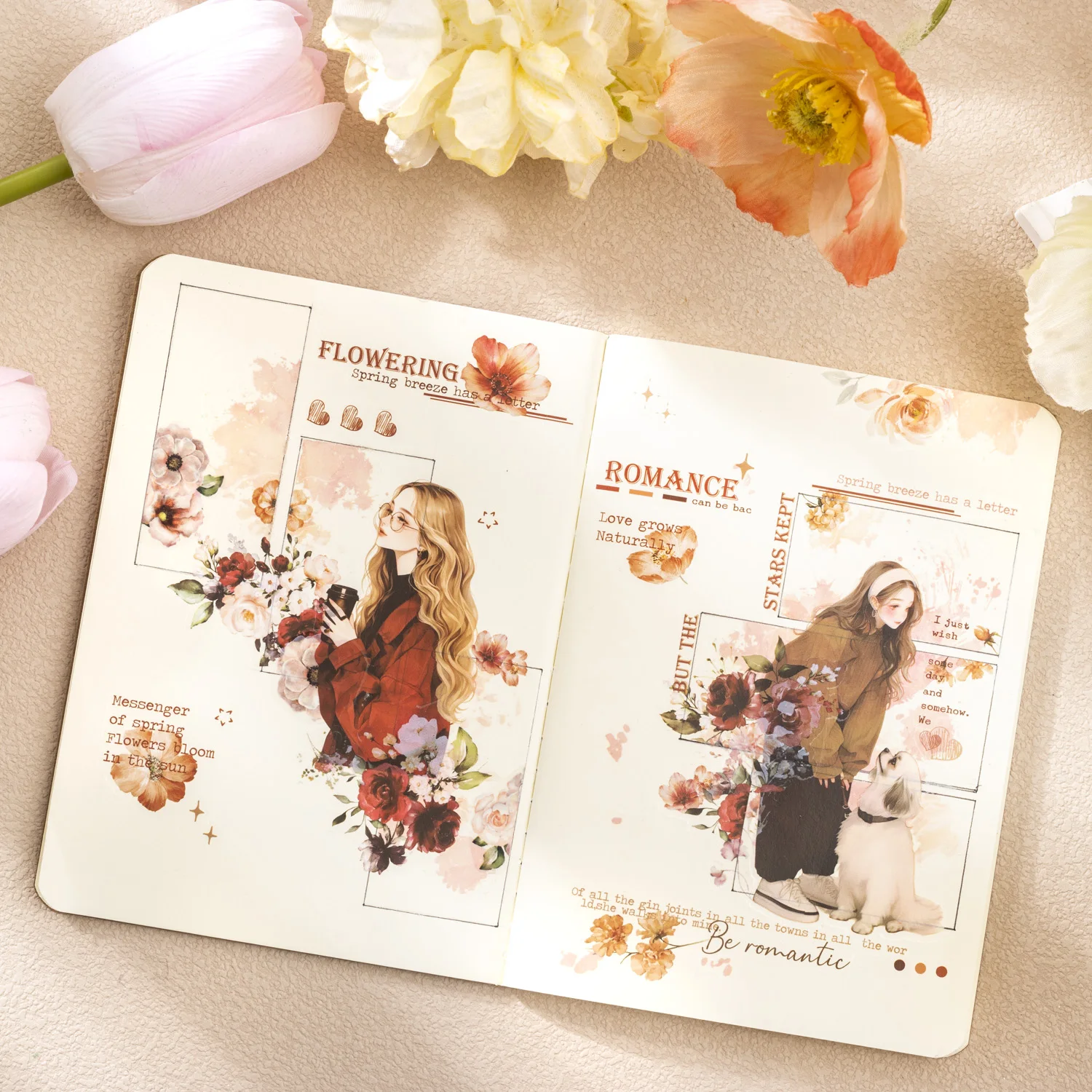 1 Bags Vintage Romantic Girl Stickers Sunflower & Plant Pattern Press & Stick for DIY Journaling Scrapbooking & Aesthetic Decor