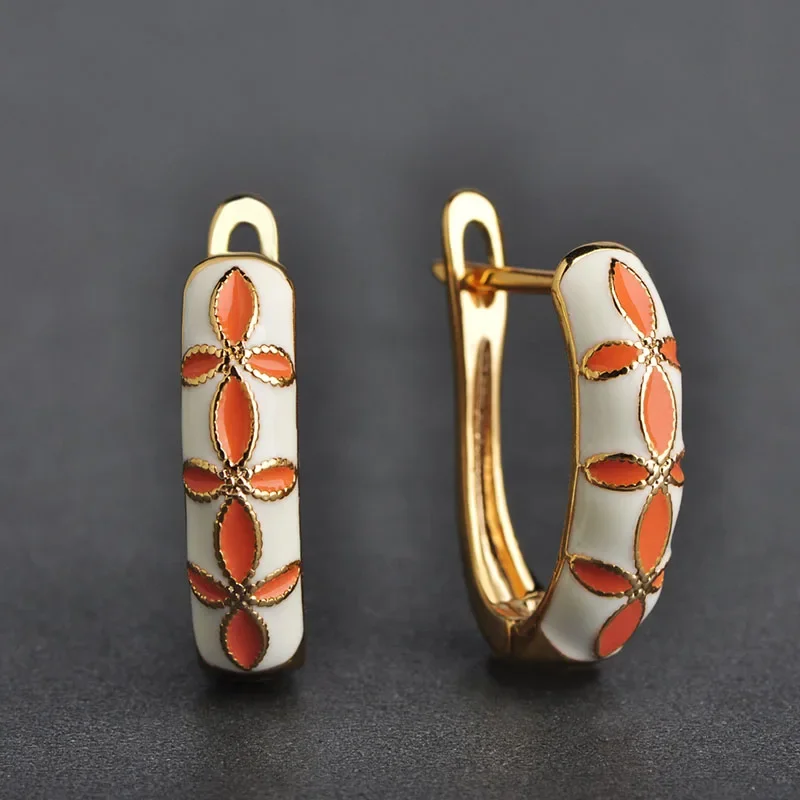 Blucome Classic Orange Flower Shape Enamel Stud Earrings Copper Soft Pins D Hooks Small Earrings For Women Girls Party Jewelry