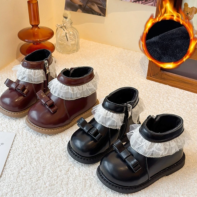 Toddler Girls Bow & Lace Ruffle Decor Ankle Boots Little Kids Side Zipper PU Leather Princess Booties Non-Slip Rubber Sole Boots