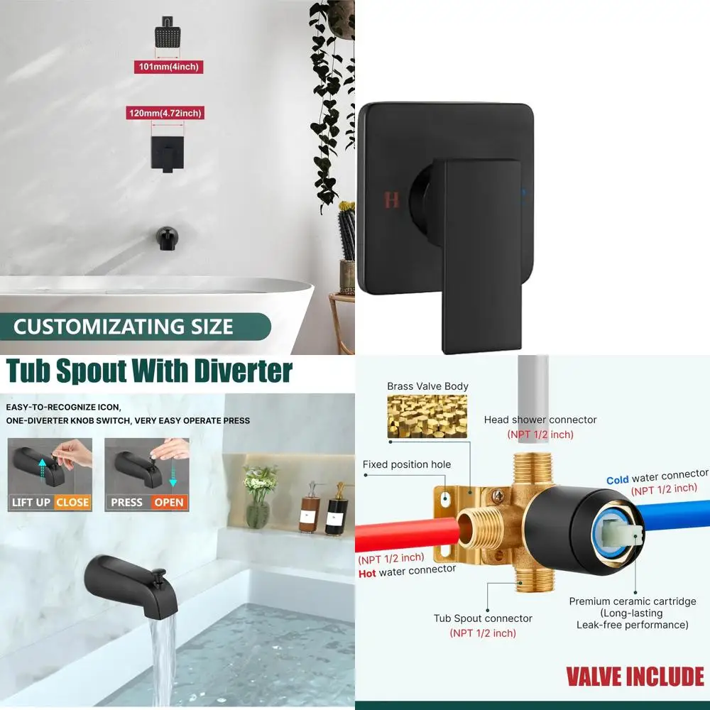 

Matte Black 4 ABS Square Shower Head with Tub Spout, Shower Faucet Set, Single-Handle Kit, and Shower Valve