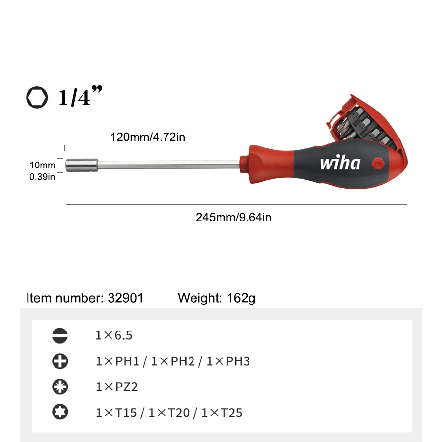 WIHA 32901 Screwdriver Set with 8 Bits Magazine SL/PH/PZ/TORX Magnetic Screwdriver