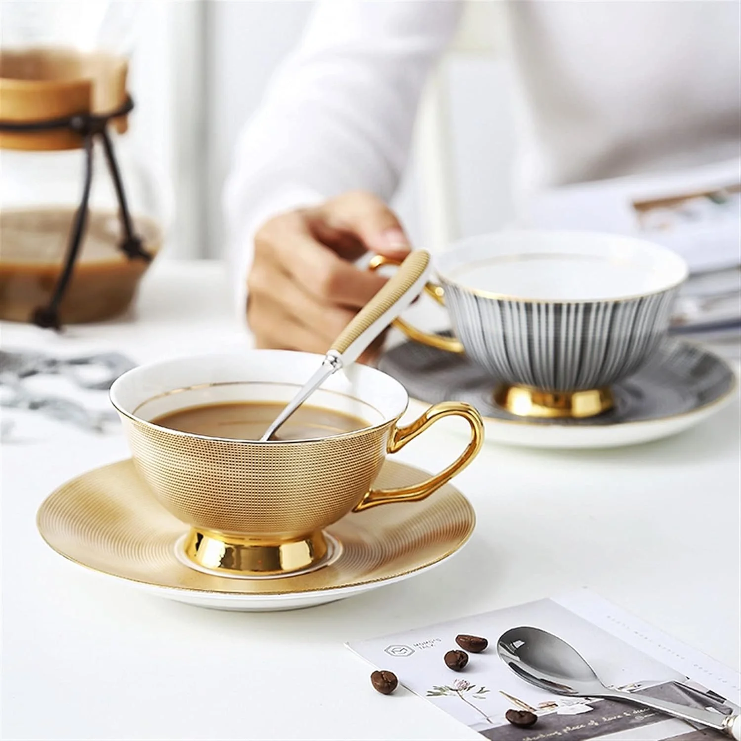 Hand Painted Phnom Penh Cappuccino Cup - Classic Style Tea or Coffee Cup with Saucer, 8.5oz Bone China Coffee Mug (Black)