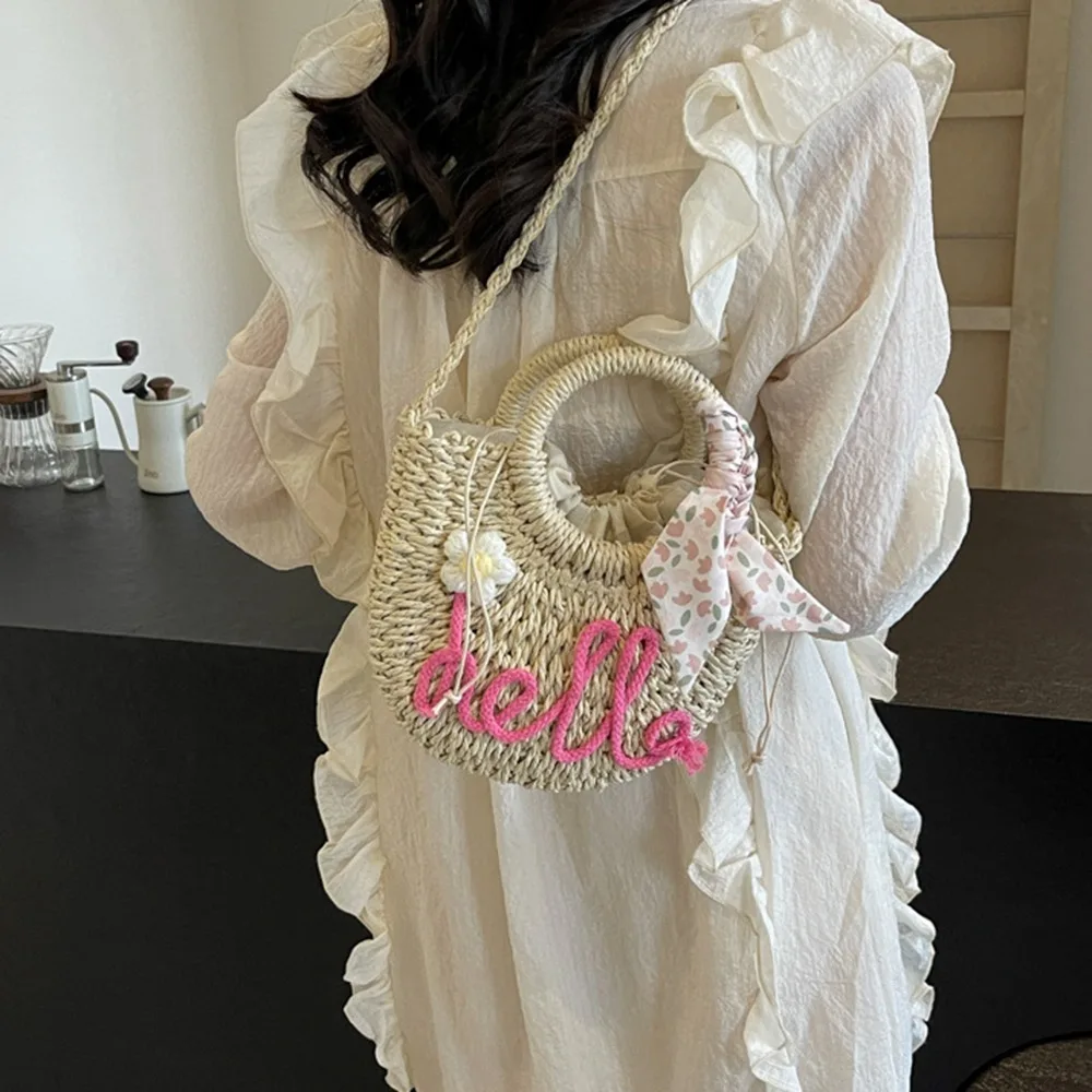

Casual Moon Shaped Beach Straw Bag Ribbon Flower Woven Underarm Bag Large Capacity Hollow Handbag Travel