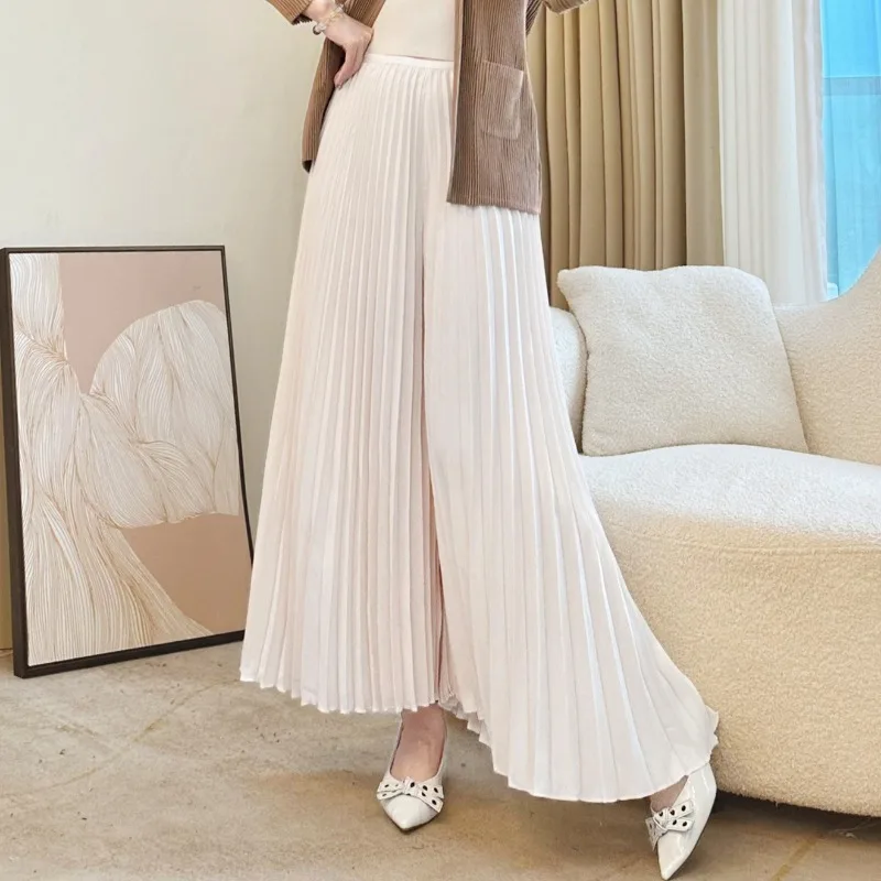 مياكي البيج سراويل تقليدية سراويل نسائية بسيطة متعددة الاستخدامات فضفاضة عالية الخصر ثنيات سليم مياكي بنطال ذو قصة أرجل واسعة أوروبا أمريكا #1