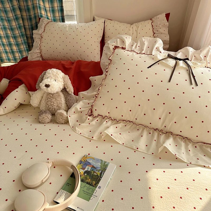 3/4Pcs Korean Princess Style Bow Ruffles Bedding Set Single Queen King Size Duvet Cover Set Bed Sheet Pillowcases