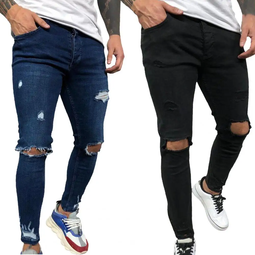 Men‘s’ Jeans  Knee Hole Slim Denim Autumn Summer Spring Men Trousers for Dating Party Wear Slim Fit Trousers джинсы для мужчин