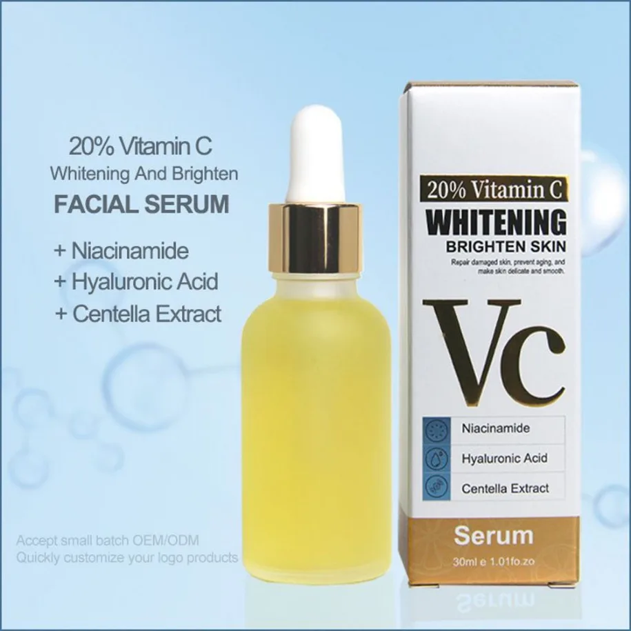 Sérum pour le visage à la vitamine C, maquillage végétalien avec Logo personnalisé, Essence éclaircissante et hydratante, marque privée, primaire pour le visage, vente en gros
