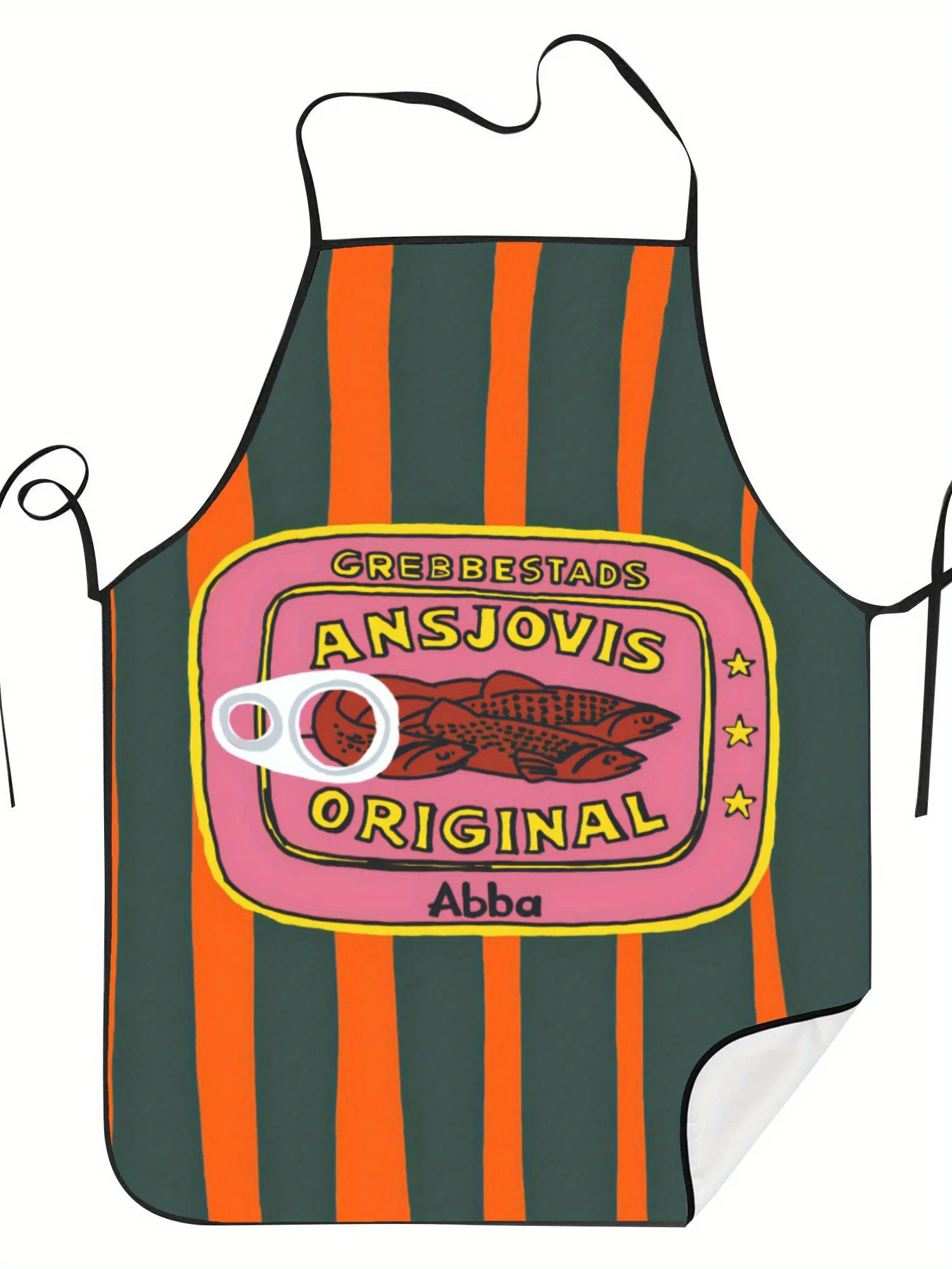 Кухонный фартук в стиле ретро с креативным дизайном Сардина - винтажные краты с принтом этикетки, темно-зеленые и оранжевые полосы, прочная ткань Кухонный фартук в стиле ретро с креативным дизайном Сардина - винтажные краты с принтом этикетки, темно-зеленые и оранжевые полосы, прочная ткань