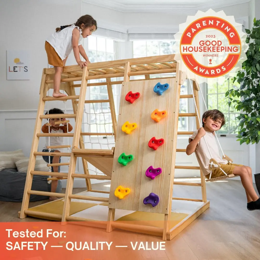 ملعب داخلي 6 في 1 لعبة Jungle Gym Montessori Waldorf Style Wooden Climber Playset Slide، جدار تسلق الصخور،