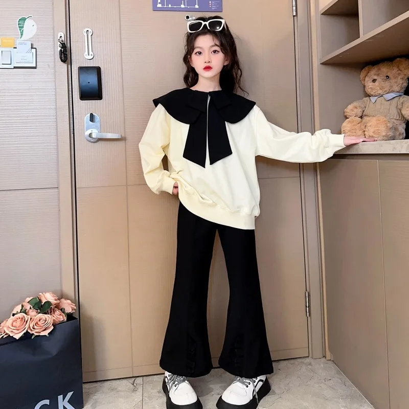 

Spring/Autumn Girls Clothing Set Casual Costume Soft Sweatshirt and Flare Pants Suit Two Piece Outfits College Style Garments