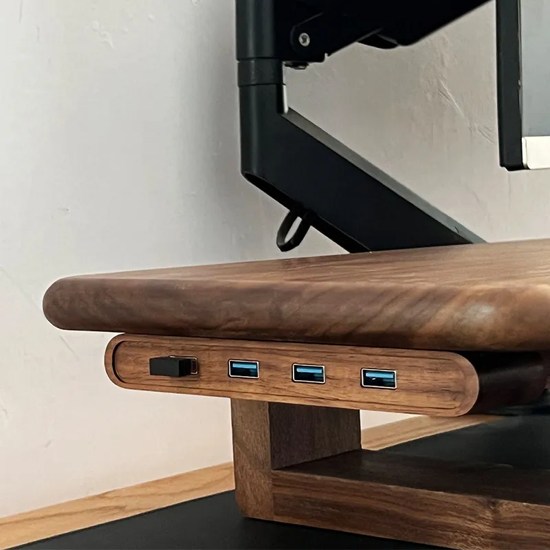 Walnut USB Hub Riser Splitter Stand 4-Port 3.0 Extension Solid Wood Desk Organizer Durable Rustic Home Office High Speed
