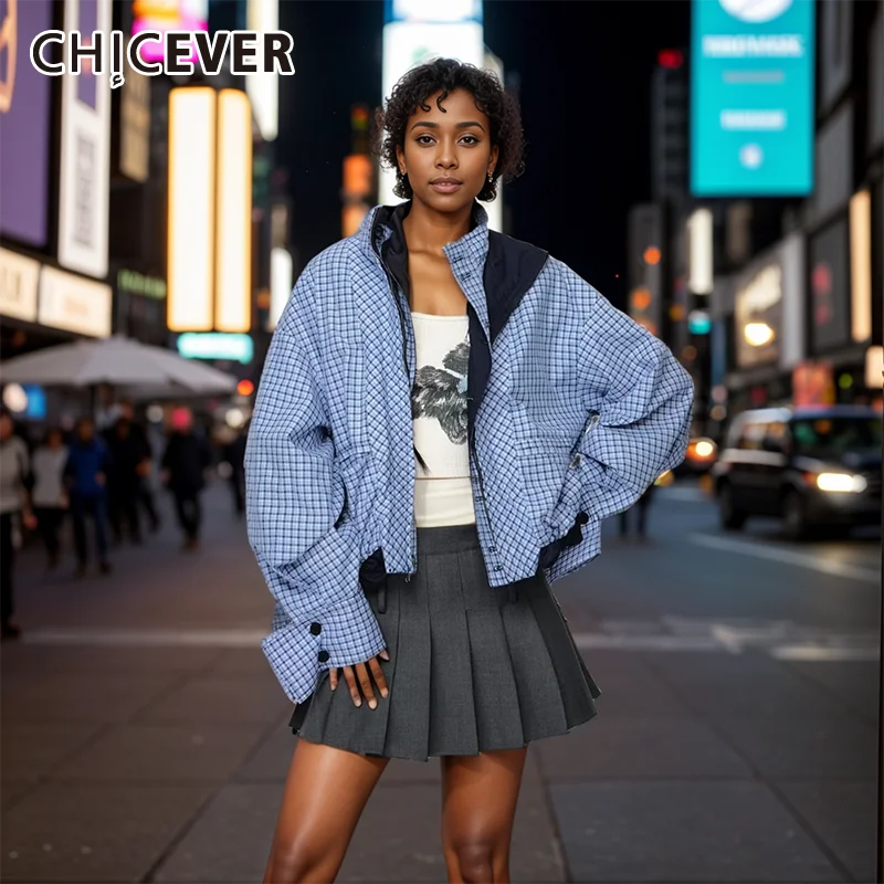 

CHICEVER Streetwear Plaid Jackets For Women Lapel Long Sleeve Patchwork Single Breasted Retro Hit Color Short Coat Female Autumn