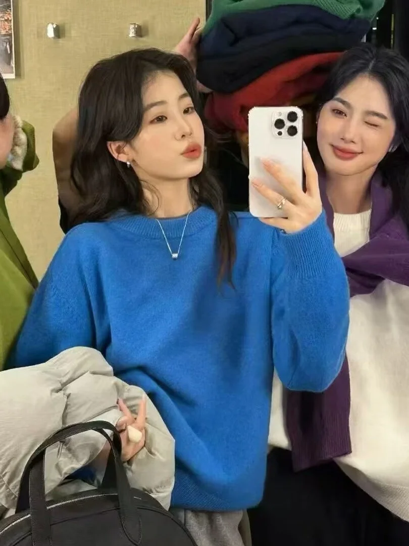 

Повседневный синий круглый свитер в стиле ретро Lazy Sle Ne, женский свободный универсальный вязаный топ с верхней частью, корейский верх для внутренней одежды