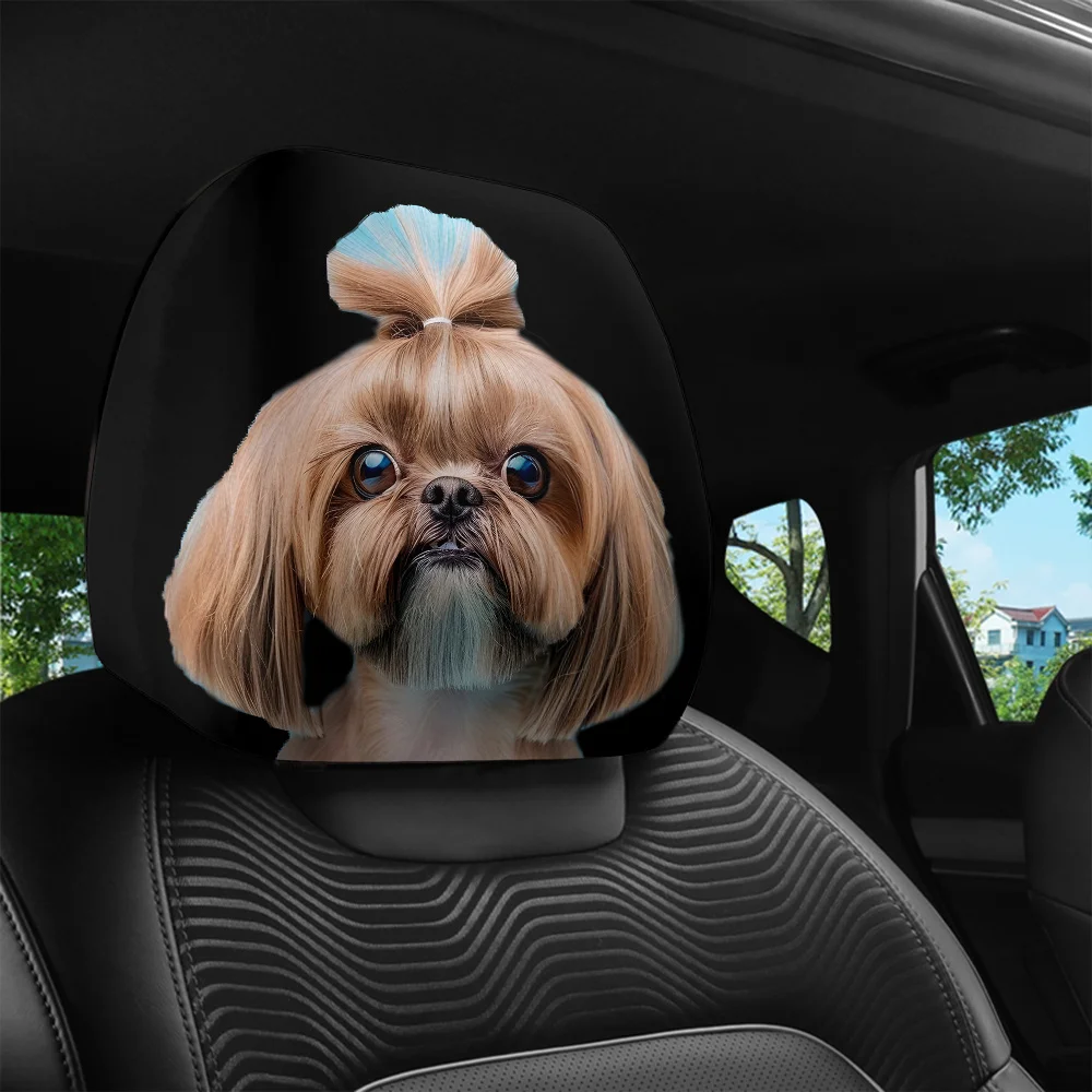 2pcs, Cute Shih Tzu Printed Car Headrest Covers, Interior Decoration, Easy To Manage, Relieve Driving Fatigue, Easy To Install,