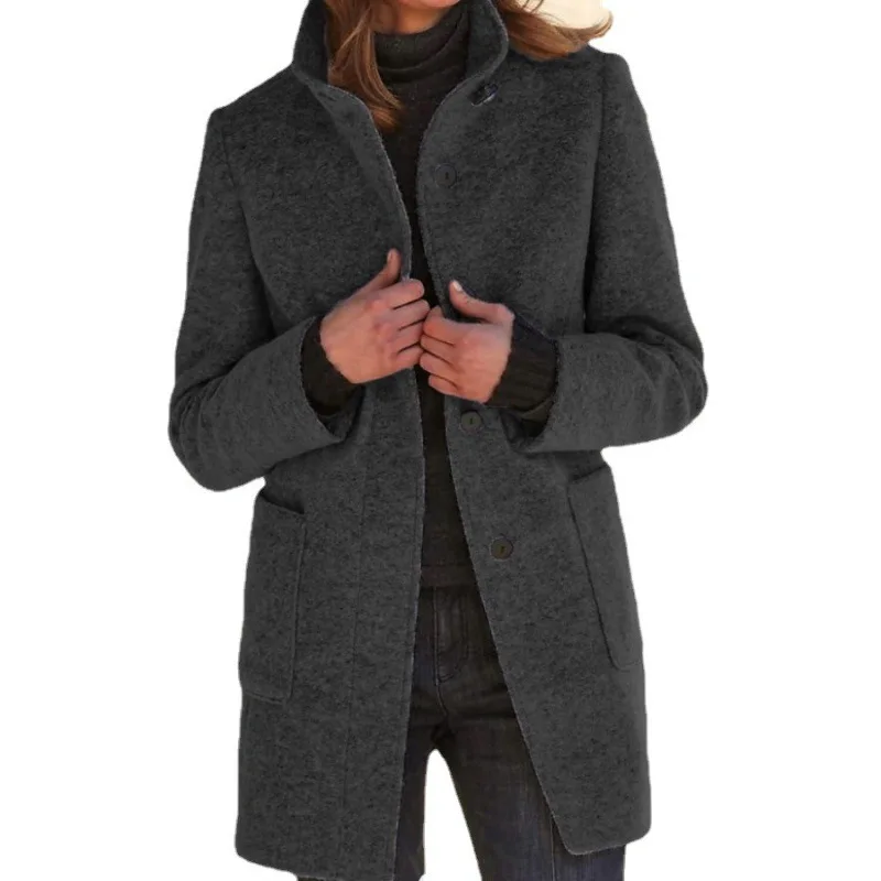 S-5XL Women's Parka Warm Trench Coat Wool Blend Jacket Casual Retro Button Closure Solid Color Stand Collar Winter Jacket