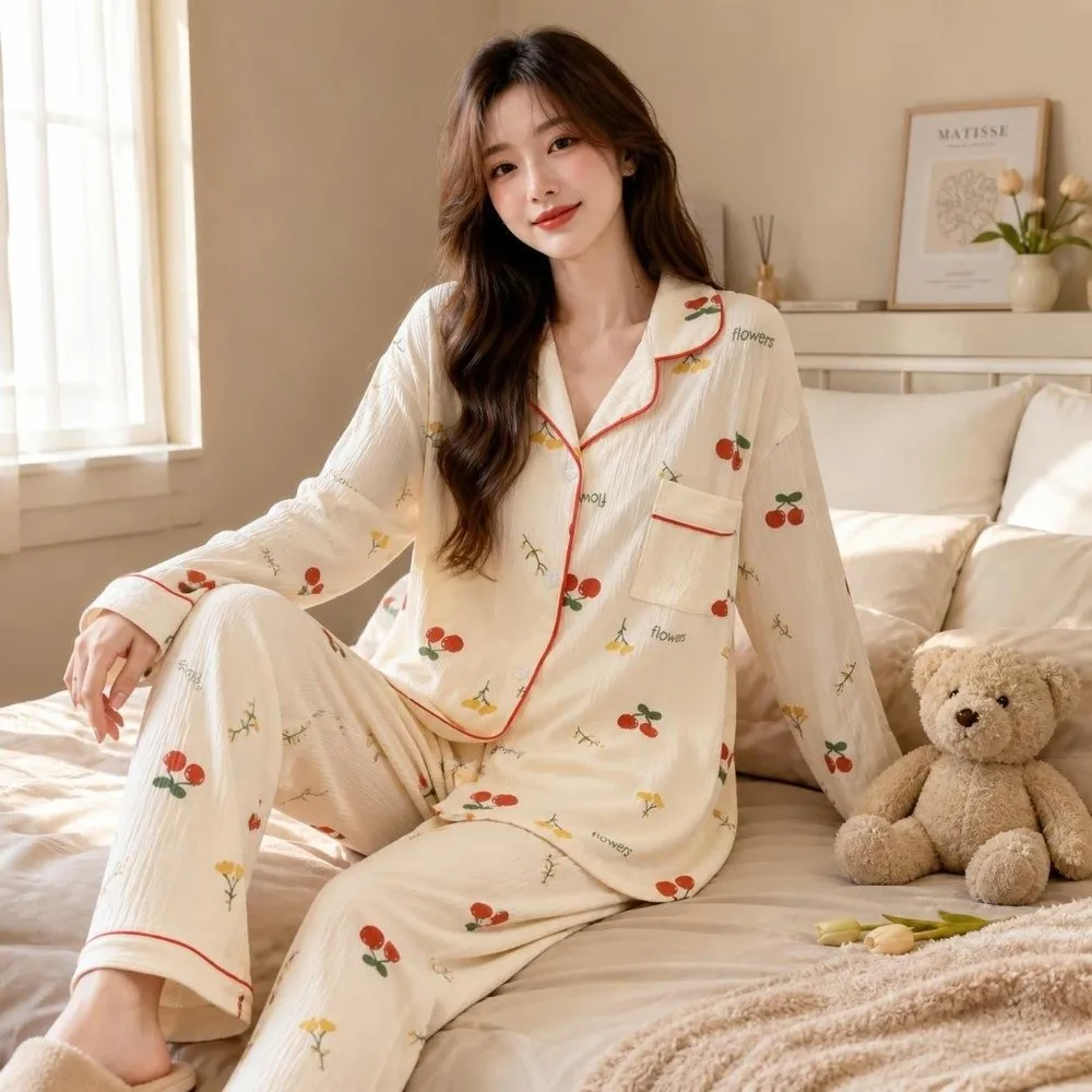Süßes Leoparden-Pyjama-Set mit Schleife und Bärchen, Damen-Loungewear mit Kirsch- und Blumenmuster, Nachtwäsche-Anzug für Damen – Detail 5