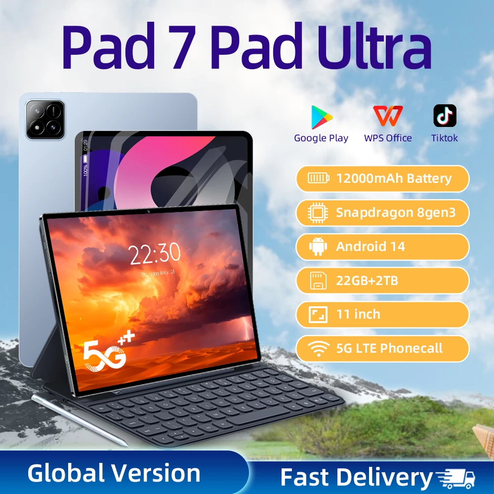 2026 Android 15 Pad 7 Pro Ultra Tablet PC 11-inch, 22GB+2TB, 12000mAh 5G HD Dual SIM Global Version, WiFi GPS 7S Tablets Google