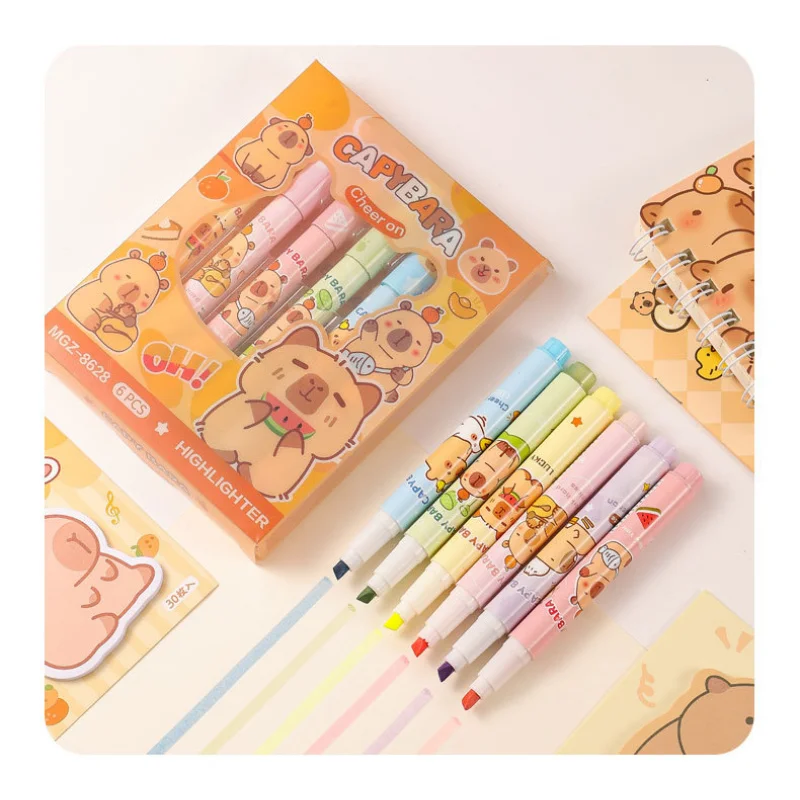 6Pcs Kapibara Highlighter Cartoon Capybara High-Value Eye Protection Colorful Journal Pen Student Highlight Marker Pen