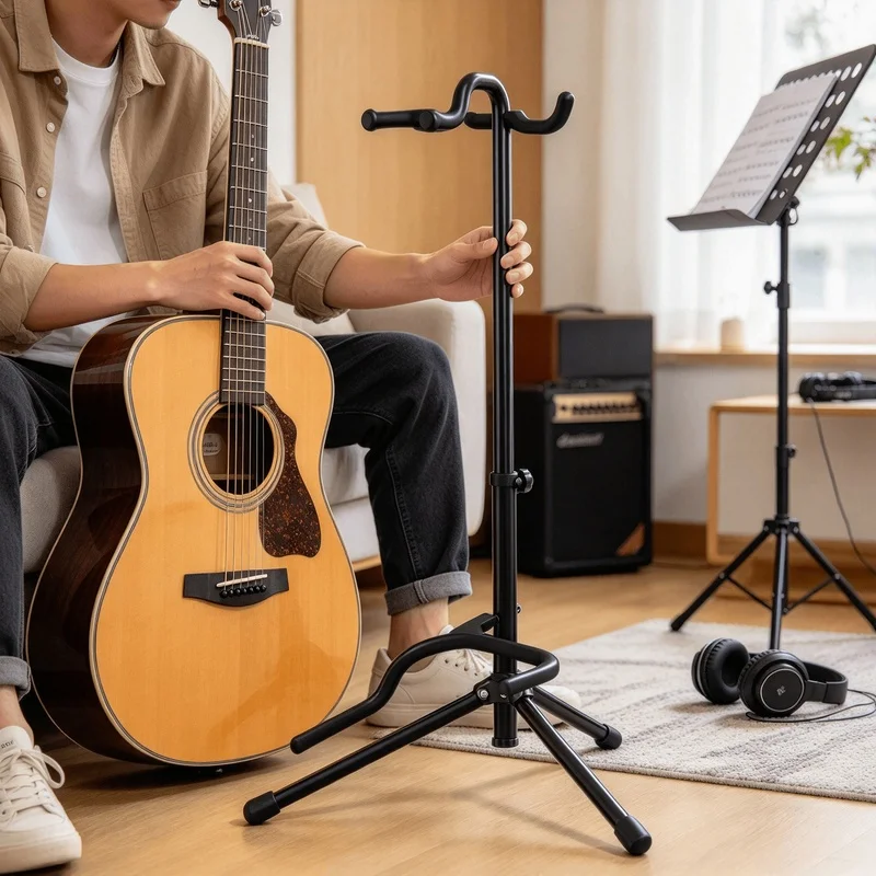 Vertical Foldable Adjustable Guitar Stand, Multi-Purpose Instrument Holder for Guitar, Bass & Ukulele Display and Storage
